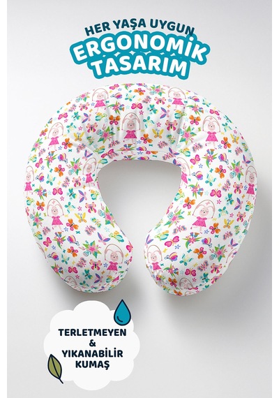 Çizimli Renkli Kelebekler Pamuklu Boyun Yastığı - Sevimli Desen Pembe Turuncu Seyahat Yastığı Sedefli Gece Vizon