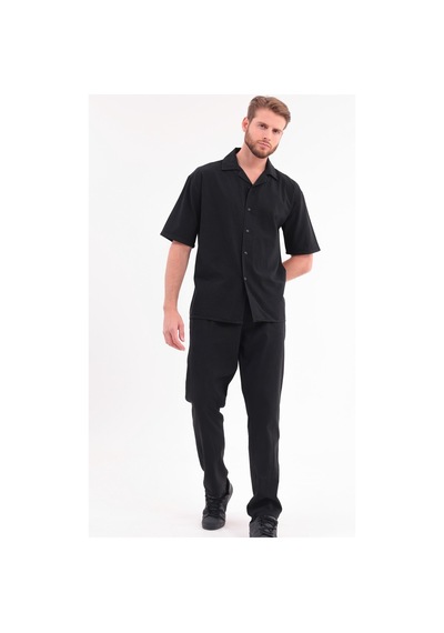 Erkek Siyah Keten Takım Oversize Gömlek & Pantolon 2'li Set Bağcıklı Rahat Yazlık Kombin