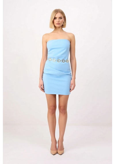 Benerly Kadın Straplez Mini Elbise Zincirli Detaylı Bodycon Kesim Esnek D Mavi