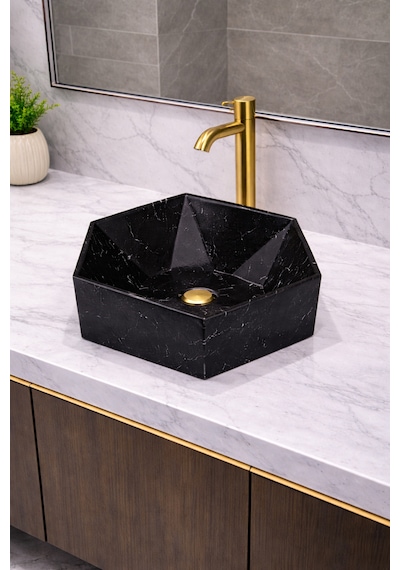 Mermer Desenli Tezgah Üstü Altıgen Taş Lavabo 45 X 16 Cm Siyah