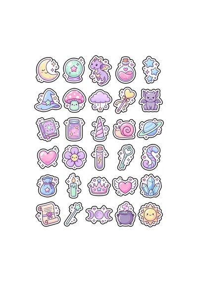 30 Adet Pastel Sihirli Dünya Sticker Seti - Defter Laptop Telefon İçin Çok Renkli
