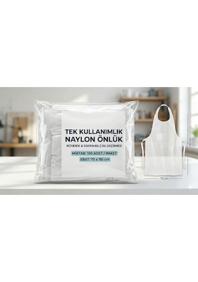 100 Adet Tek Kullanımlık Naylon Önlük 70x110 Cm - 20 Mikron Kalınlık - Beyaz Hijyen Önlüğü