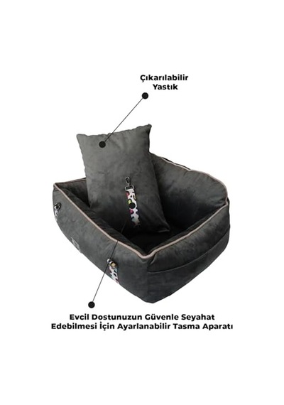 Pawgo, Premium Taşınabilir Kedi Ve Köpek Araba Koltuğu, Tasma Klipsli, Ayarlanabilir Kayışlı Antrasit, 50x62x22