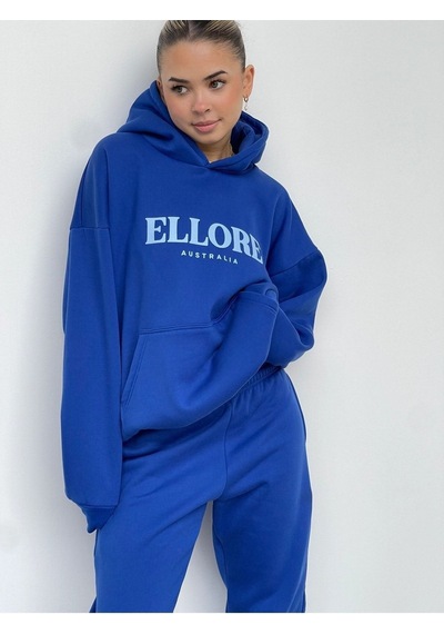 Ellore Eşofman Takımı Sweatshirt Jogger - Sax Mavi Baskılı Oversize Şardonlu Kapüşonlu Saks Mavi