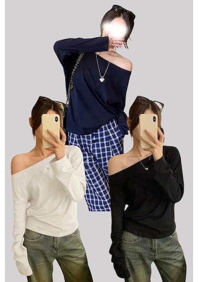 Siyah Beyaz Lacivert 3 Lü Paket Kadın Düşük Omuz Kayık Yaka Oversize Uzun Kollu T-shirt Siyah - Beyaz - Lacivert