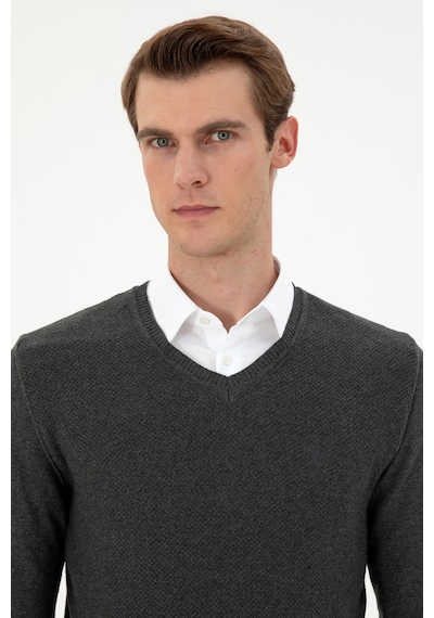 U.S. Polo Assn. Erkek Slim Fit V Yaka Antrasit Melanj Basic Kazak 50288886-VR081