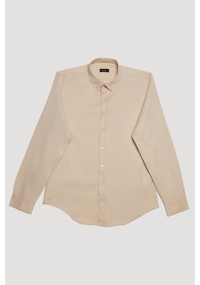 Tudors Erkek Slim Fit Dar Kesim Pamuklu Kolay Ütü Krem Düğmeli Yaka Gömlek-31588 Krem