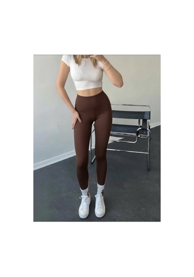 Mercan Kids & Butik Kadın Yüksek Bel Toparlayıcı Tayt Dikişsiz İç Göstermez Spor Taytı Kahverengi
