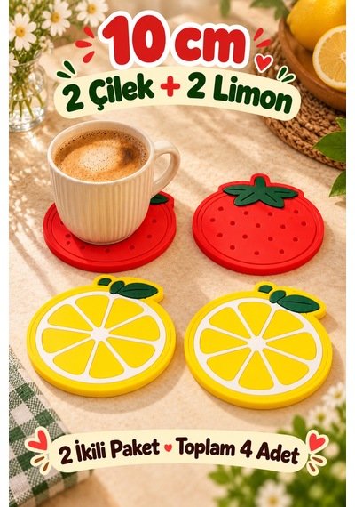 4'lü Çilek Limon Desenli Bardak Altlığı Seti 10 Cm Kahve Fincan Altlığı Renkli Sofra Sunum Aksesuarı Çok Renkli