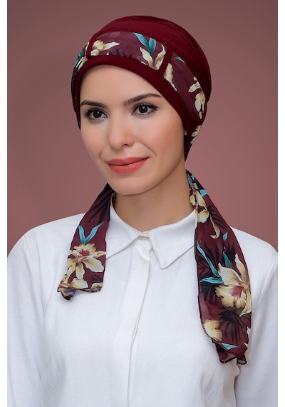 Hürrem Bone Bordo Pratik Hazır Geçmeli Tesettür Bone Sandy Kumaş Desenli Şifo (545490975) Bordo
