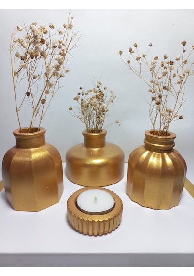 Modern Minimal Vazo Set 3'lü, Ev & Ofis Hediyelik, Dekoratif Obje, Gold