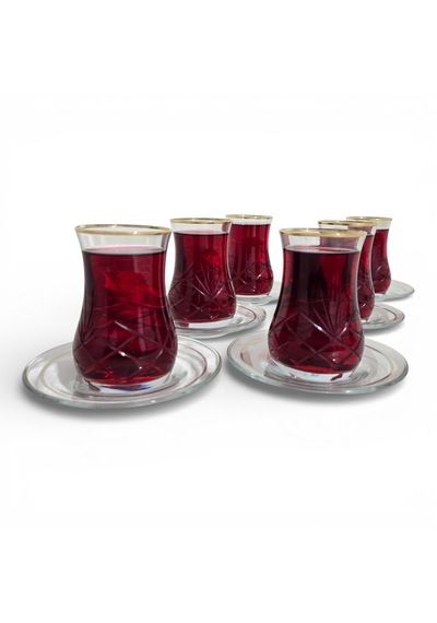 Sudedi Home Elde Kesme İşlemeli Cam Çay Bardağı Seti Gerçek Altın Yaldızlı, 6 Lı Özel Seri Altın - Beyaz