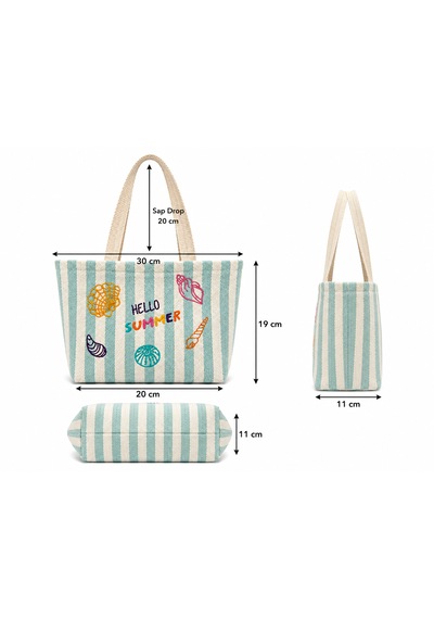 İcone Bag Çocuk Plaj Çantası, Nakışlı Çizgili Kız Plaj Çantası, Kids Beach Bag, Lila Çizgili Çocuk Plaj Çantası Yeşil