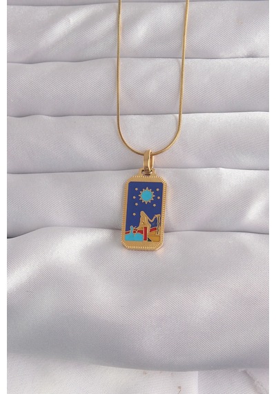 Ezoconcept 316l Çelik Gold Renk Mavi Mineli Kız Figür Tarot Kolye Çok Renkli