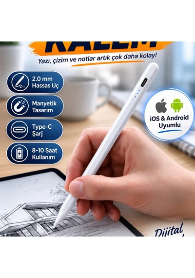 Dokunmatik Kalem Beyaz Şarjlı Hassas Uçlu İpad Android İos Uyumlu