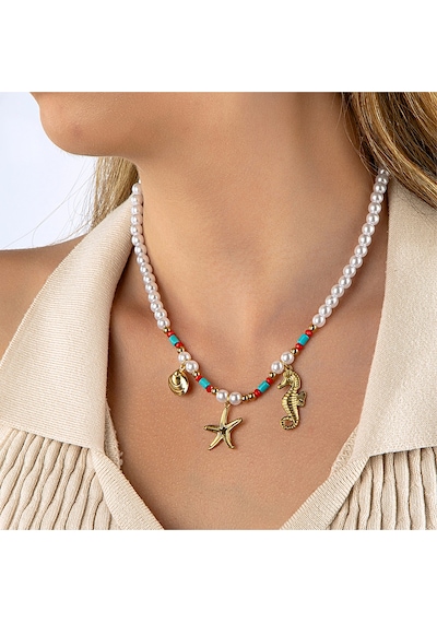 Okyanus Temalı Beyaz İncili Mavi & Kırmızı Taşlı Kolye Altın