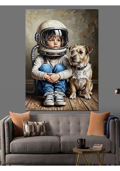 Ahşap Tablo Astronot Çocuk Ve Köpek Dostu Hayvan Tabloları