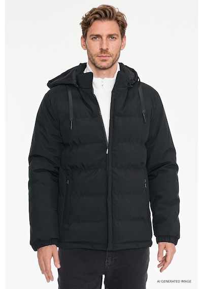 AC&Co / Altınyıldız Classics Erkek Sıyah Standart Fit Normal Kesim Dik Yaka Kapüşonlu Yan Cepli Casual Mont Siyah