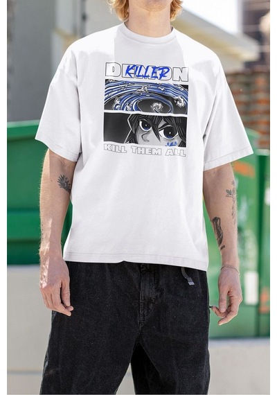 Demon Killer Kill Them All Baskılı Unisex Anime Karakter Tişört Beyaz