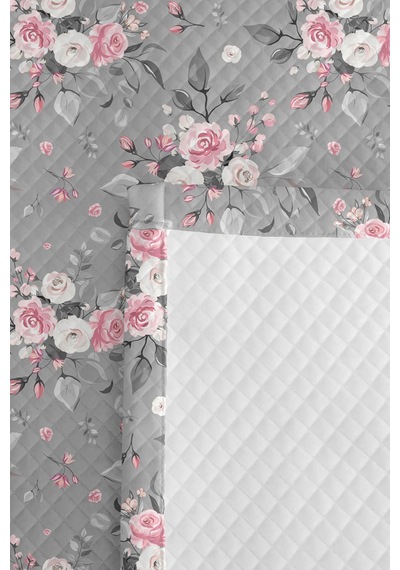 Gri Çiçekli Genç Odası Tek Kişilik Pike Takımı - Pembe Modern Gül 160x220 Cm Kapitone Yatak Örtüsü Hafif Defne Kırıntısı