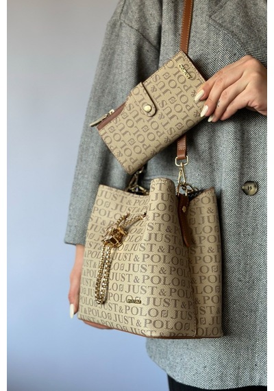 Jps-monogram Baskılı 3 Bölmeli Zincirli Özel Aksesuarlı Kadın Omuz Çantası As2065 - Kum Taba Kombin Kum - Taba