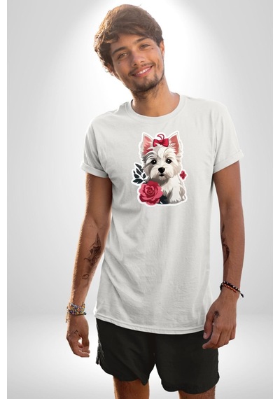 Beyaz Highland Teriyeri Kırmızı Gül Unisex Unisex Beyaz Organik Baskılı T-shirt Penye Yüksek Kalite Beyaz