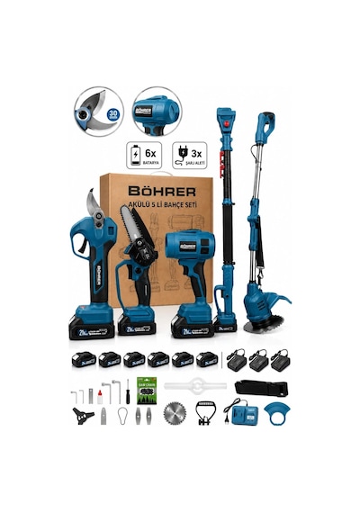 Böhrer Ba0115389 5'li 21v Akülü Bahçe Seti Tırpan Budama Makası Mini Testere Üfleme Makinesi 6 Batarya 3 Şa