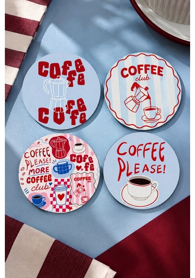 Coffee Please 4 Lü Bardak Altlığı Seti - 9 Cm, 3 Mm Mdf, Uv Baskı Çok Renkli