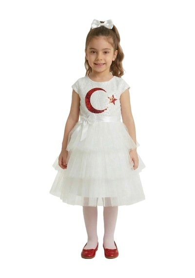 Mnk Baby & Kids Ay Yıldız Motifli Kız Çocuk 23 Nisan Elbisesi M00813 Beyaz
