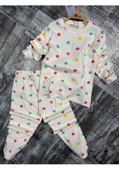 Koçak Kız Çocuk Pijama Takımı Renkli Puantiyeli Ekru
