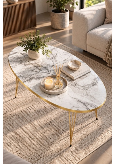 Sulorahome Elips Gold Orta Sehpa Altın - Mermer