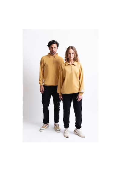 Polo Yaka Fermuarlı Organik Pamuklu Sweatshirt Hardal