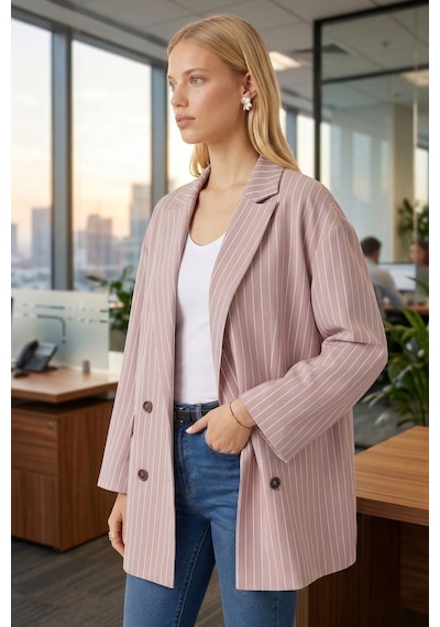 Armonika Kadın Bej Oversize Duble Kol Kruvaze Yaka Astarlı Blazer Ceket Arm-26k001052