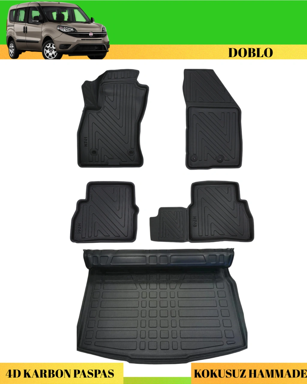 Fiat Doblo 2010-2022 Araca Özel Üretim 4d Havuzlu Karbon Paspas Takımı + 3d Bagaj Havuzu