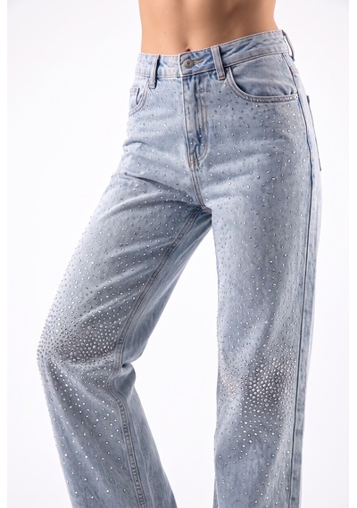 Kadın Buz Mavi Önü Full Taşlı Likralı Yüksek Bel Wide Leg Geniş Paça Jean Kot Pantolon