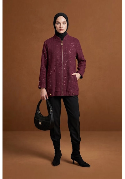 Armine Trend Fermuar Detaylı Taş Süslemeli Cepli Uzun Ceket Modern Şık Günlük Tesettür Dış Giyim Bordo 25kt507