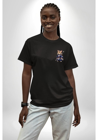 Asyalı Kedi Samuray Savaşcı Siyah Oversize Unisex Ön Sol Yan Minimal Baskılı Tişört Koyu Siyah