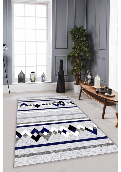 Lacivert Zigzag Kaymaz Taban Makinede Yıkanabilir Halı Rt08