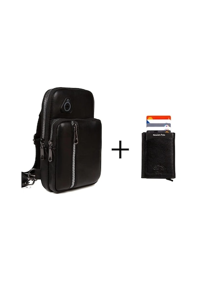 Newish Polo Erkek Deri Mekanizmalı Cüzdan Ve Günlük Omuz Çantası New077 Siyah