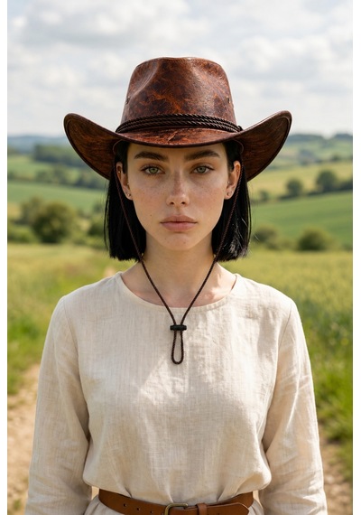 Gigi Luxe Vegan Deri Unisex Kovboy Şapkası Vintage Western Tarz Geniş Kenarlı Premium Kalite Taba Taba