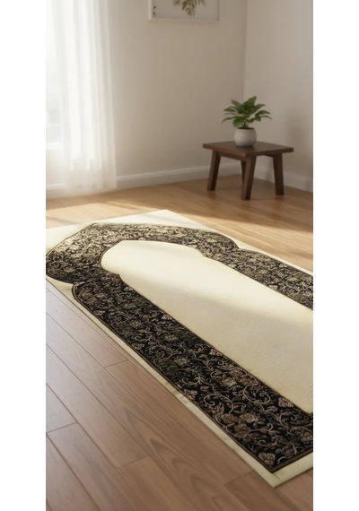 Krem Zeminli Çiçek Bordürlü Sade Bambu Namaz Seccadesi Kaymaz Tabanlı 80x130 Cm