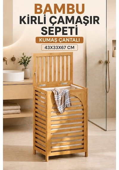 Bambu Kirli Çamaşır Sepeti 90 Lt Doğal Ahşap Çamaşır Sepeti Kiler Dolabı Oyuncak Kutusu