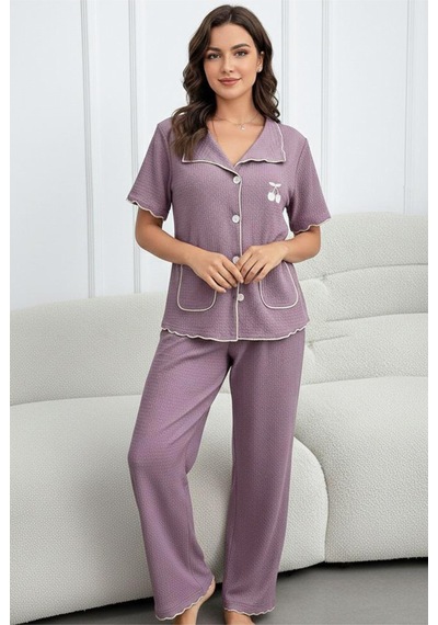 Siyah İnci Cepli Bürümcük-krınkıl Kısa Kollu Düğmeli Örme Pijama Takım 7940 Mor