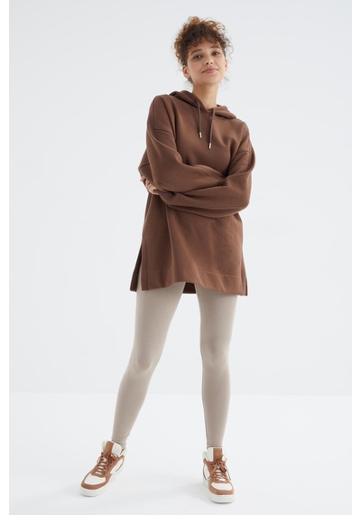 Tommy Life Kahverengi Reglan Kol Basic Kapüşonlu Oversize Sweatshirt Tunik - 97242 Kahverengi