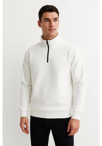 Novalisse Erkek Dik Yaka Yarım Fermuarlı 3 İplik Pamuklu Sweatshirt - Beyaz Çoklu Renk