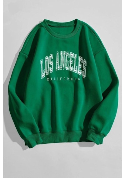 Los Angeles Yazı Tasarım Sweatshirt - Nefti Yeşil Baskılı Oversize Kalın Kışlık Bisiklet Yaka Nefti Yeşil