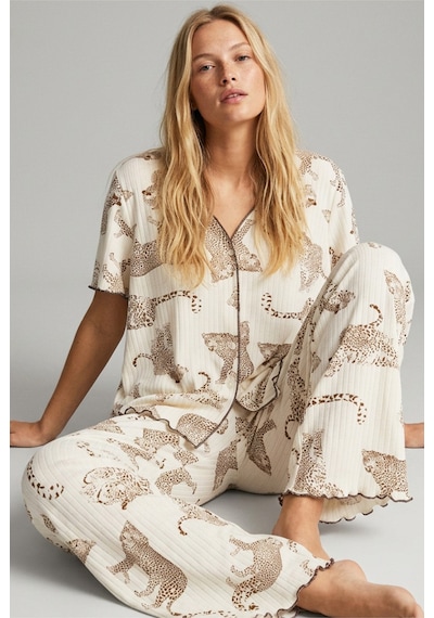 Siyah İnci Yumuşak Tuşe Yazlık Fitilli Pamuklu Örme Pijama Takım 7994 Ekru Kaplan