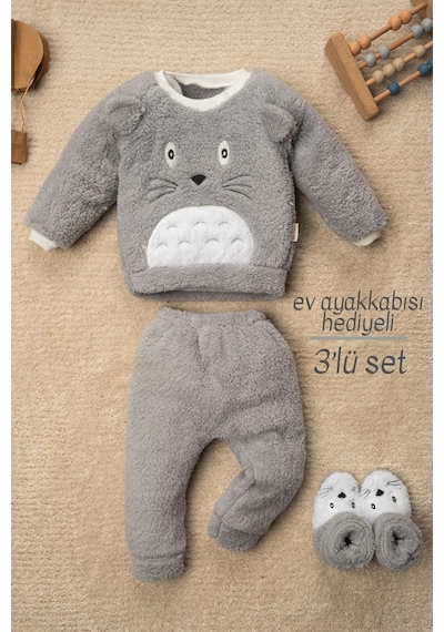 Mai Perla Totoro Nakışlı Welsoft Peluş 3'lü Bebek Takım Gri