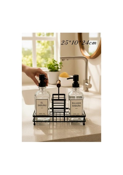 2 Hazneli Cam Mutfak Seti 500ml+500ml Sıvı Sabunluk Set Siyah Diğer