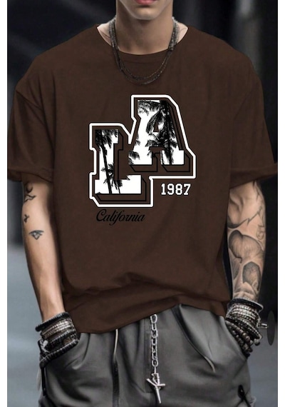 Erkek La California 1987 Baskılı Oversize Tshirt Kahverengi